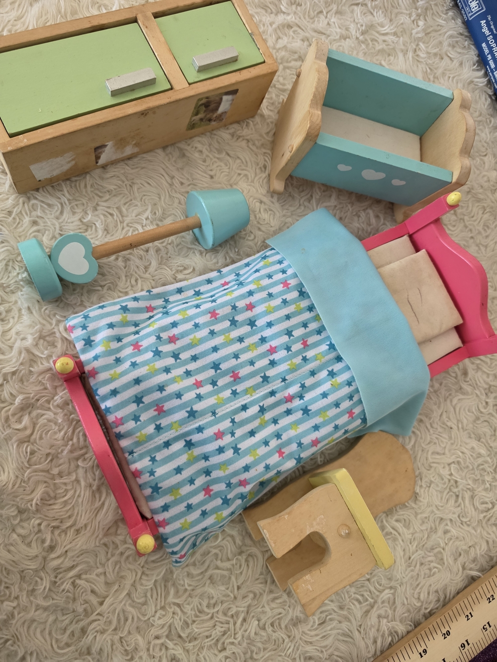Wooden Doll Cradle Bed Set - Blue & Pink Star Bedding